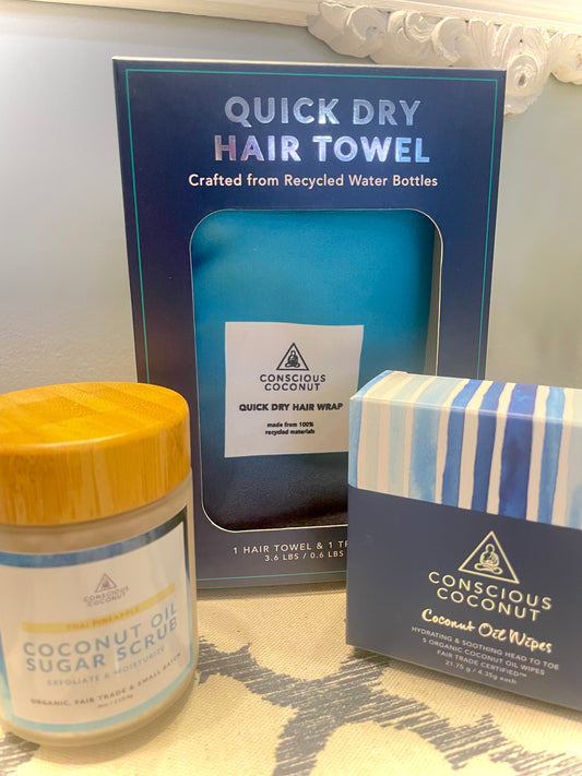 Conscious Coconut Sugar Scrub, Coconut Wipes, and Hair Towel Bundle