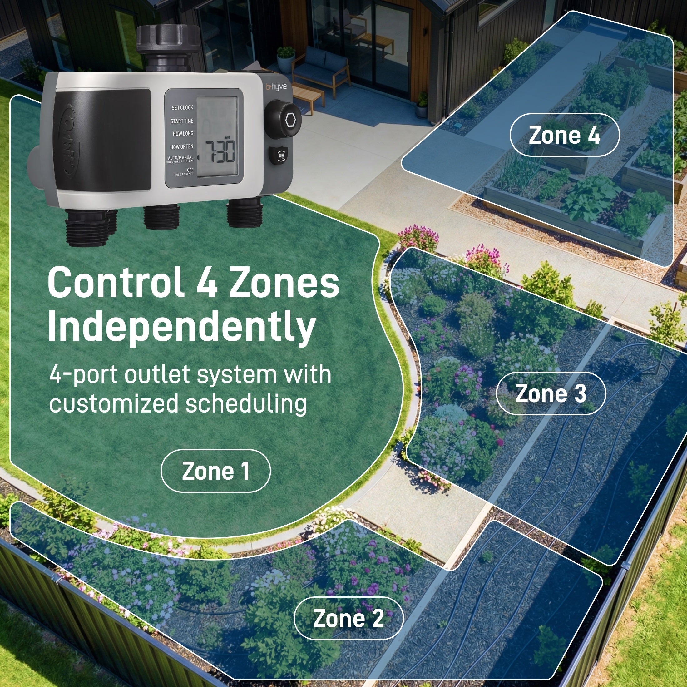 B-hyve XD 4-Outlet Smart Hose Faucet Sprinkler Timer with B-hyve Smart Gen 2 Hub | 24639