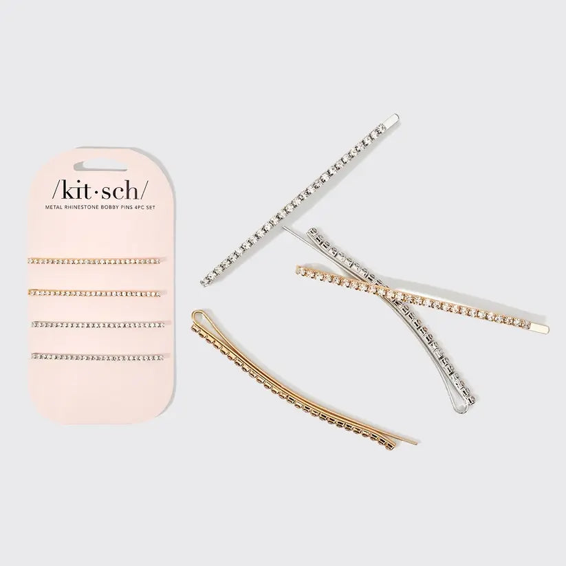 Metal Rhinestone Extra Long Bobby Pins 4pc Set