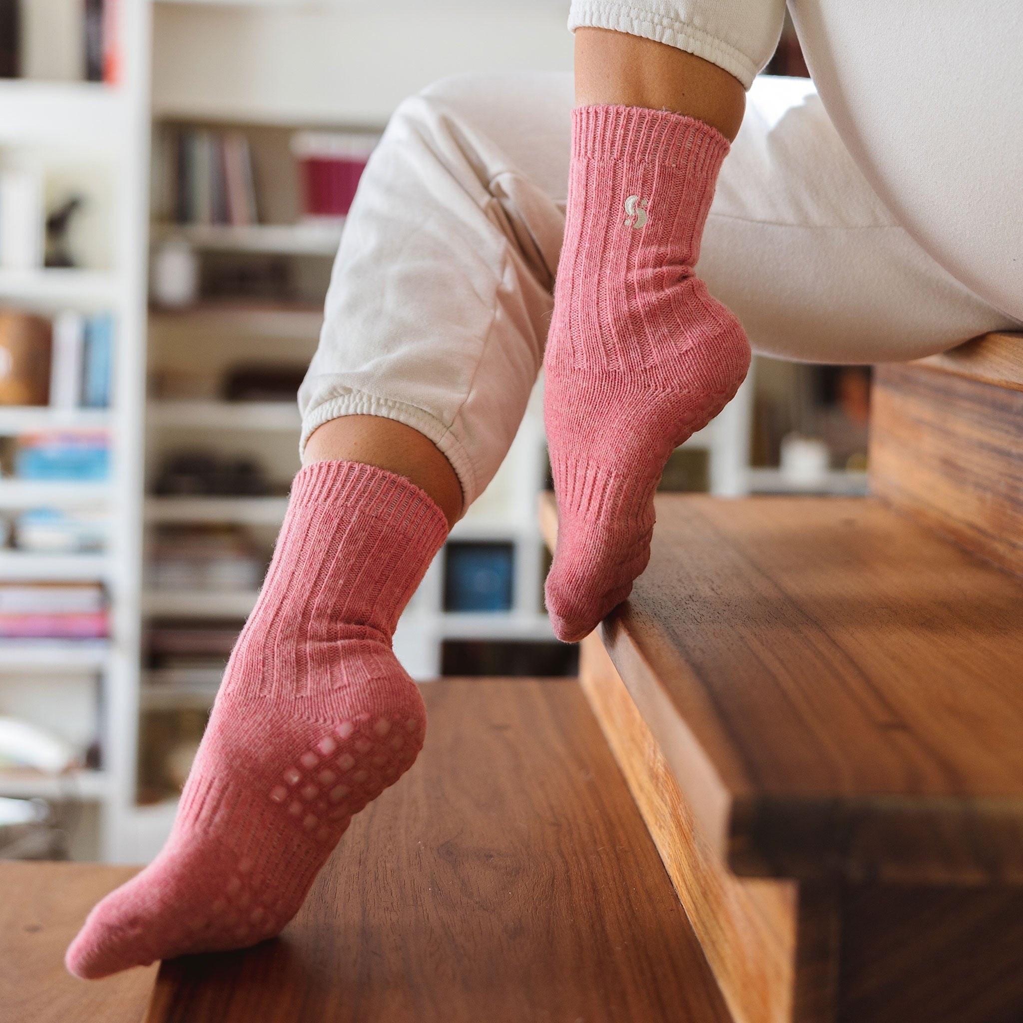Serene Socks- Adult Merino Wool Non-Slip Socks- Coral- 1 pair