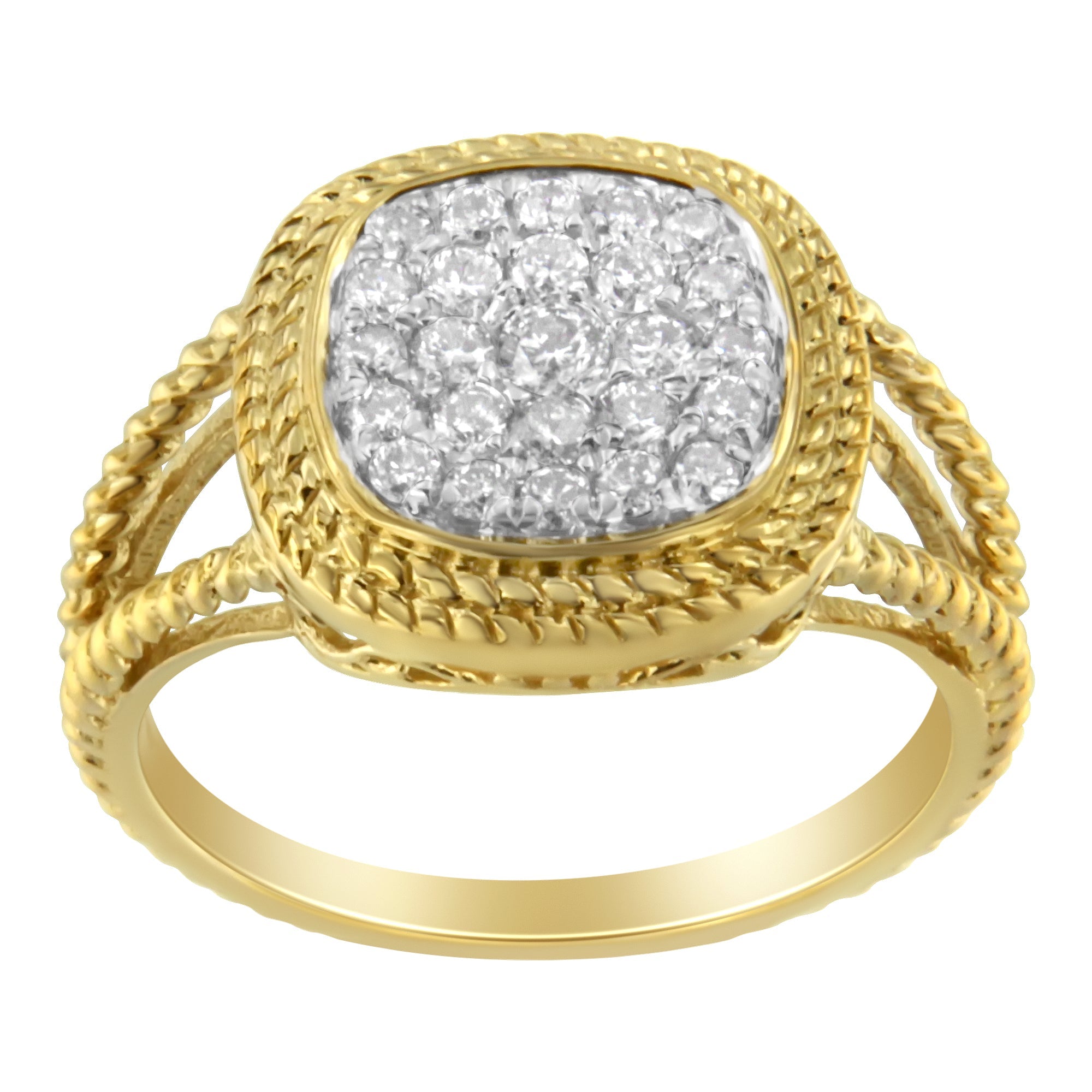 10K Yellow Gold Plated .925 Sterling Silver 1/2 Cttw Diamond Square Cushion Cluster Split Shank Cocktail Ring (J-K Color, I2-I3 Clarity) - Size 7