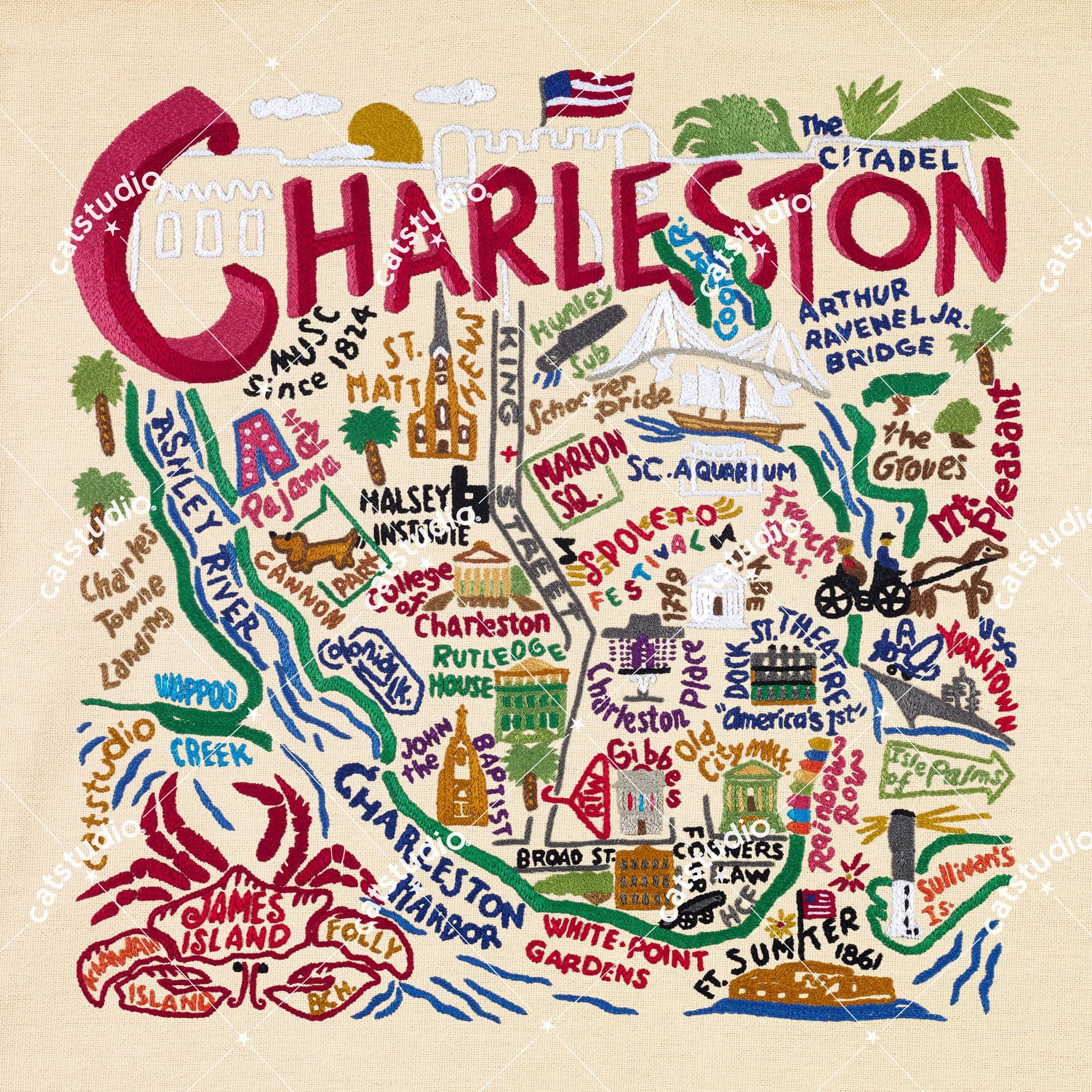 catstudio - Charleston Map Fine Art Print: 8"x8"