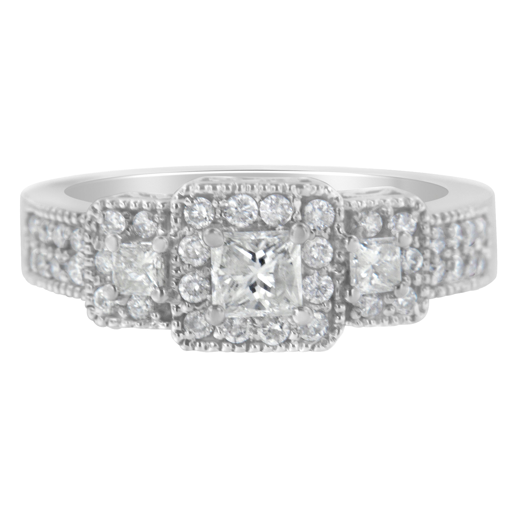14K White Gold Round and Princess-Cut Diamond Three Stone Ring (1 Cttw, H-I Color, I1-I2 Clarity) - Size 7