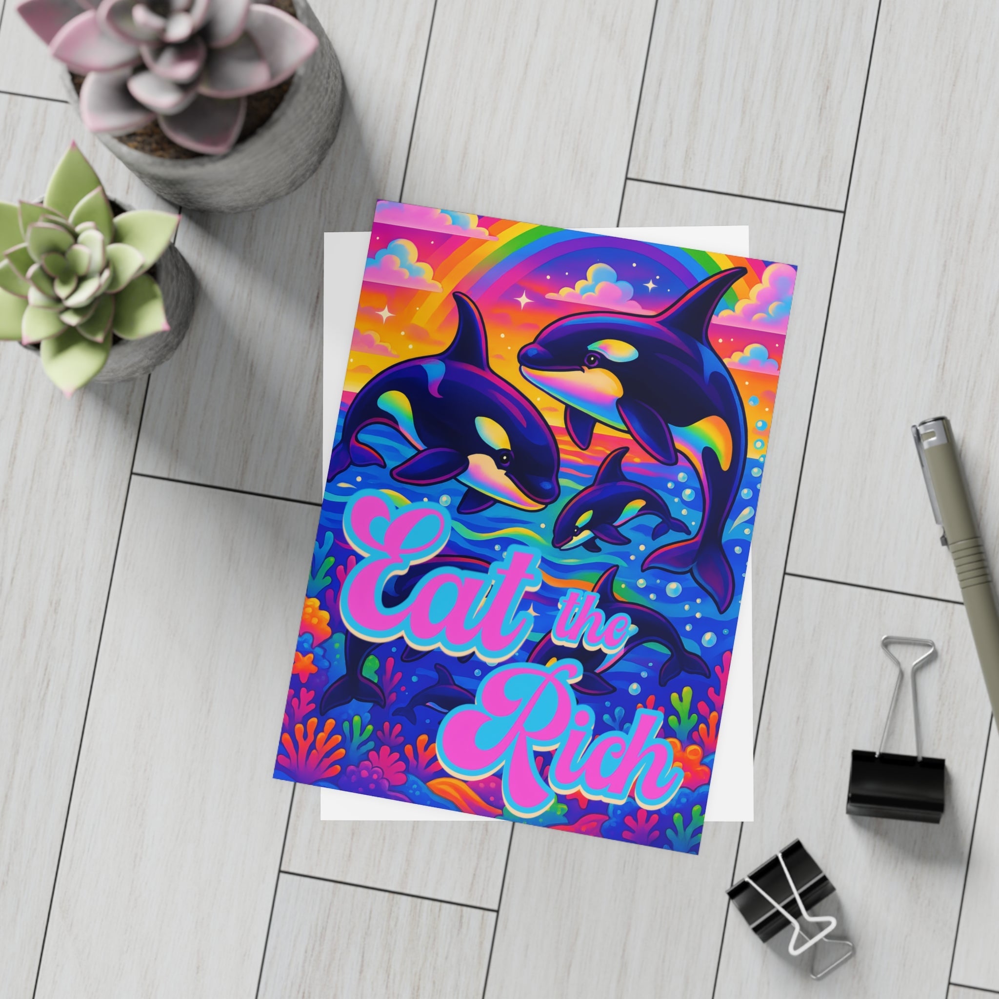 Bespattered Facade "Eat the Rich" Orcas Postcards (no envelopes) | Sets of 10, 30, or 50