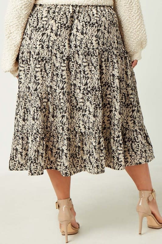 Curvy Botanical Print Elastic Waist Tiered Skirt
