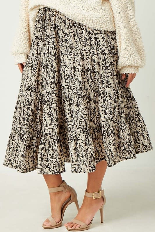 Curvy Botanical Print Elastic Waist Tiered Skirt