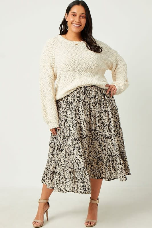 Curvy Botanical Print Elastic Waist Tiered Skirt