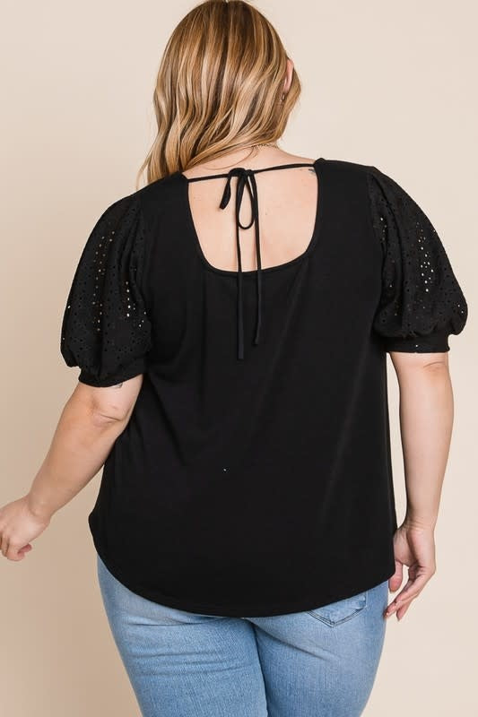 Eyelet Bubble Sleeves Solid Knit Top