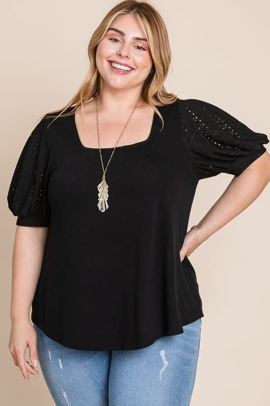 Eyelet Bubble Sleeves Solid Knit Top