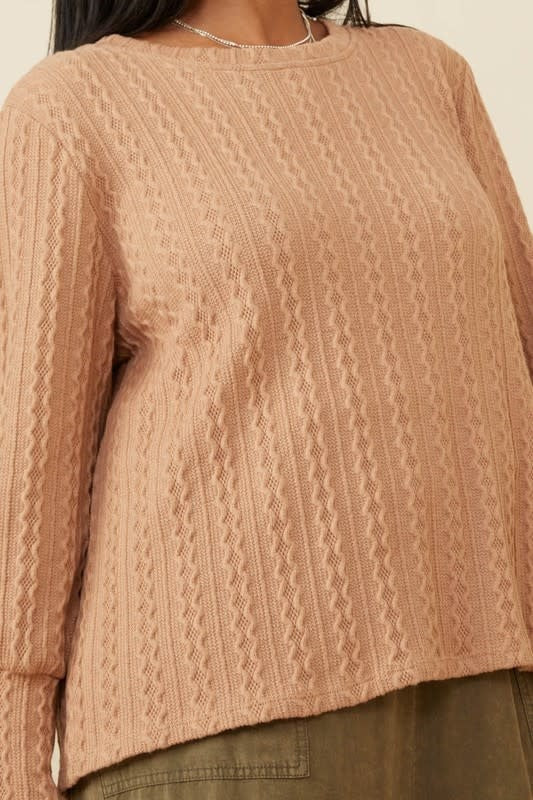 Curvy Long Cuff Cable Knit Pullover Top - Taupe