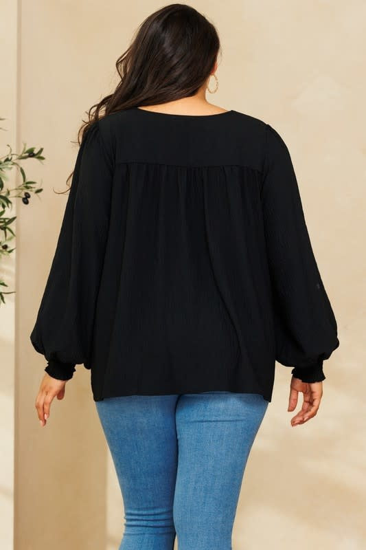 Solid Long Puff Sleeves Woven Blouse - Black
