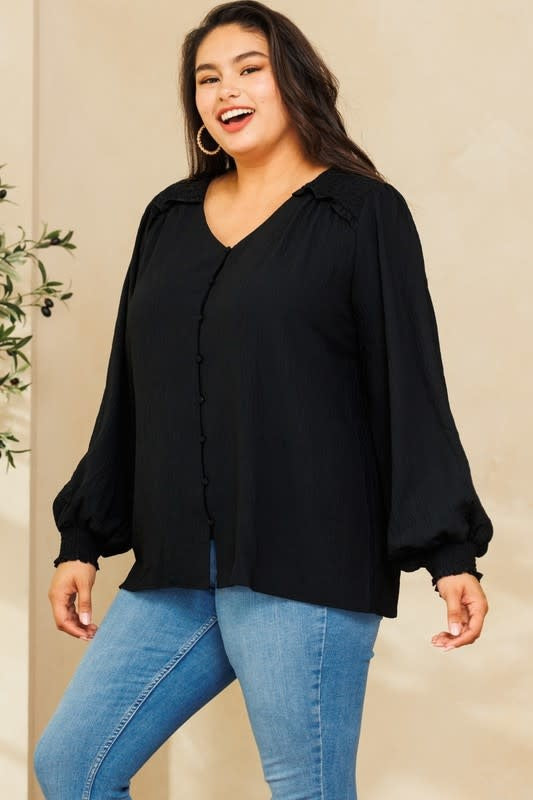 Solid Long Puff Sleeves Woven Blouse - Black
