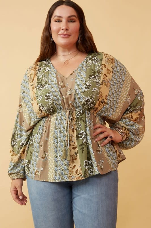 Curvy Mixed Print Block Dolman Peplum Top - Olive