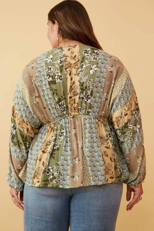 Curvy Mixed Print Block Dolman Peplum Top - Olive