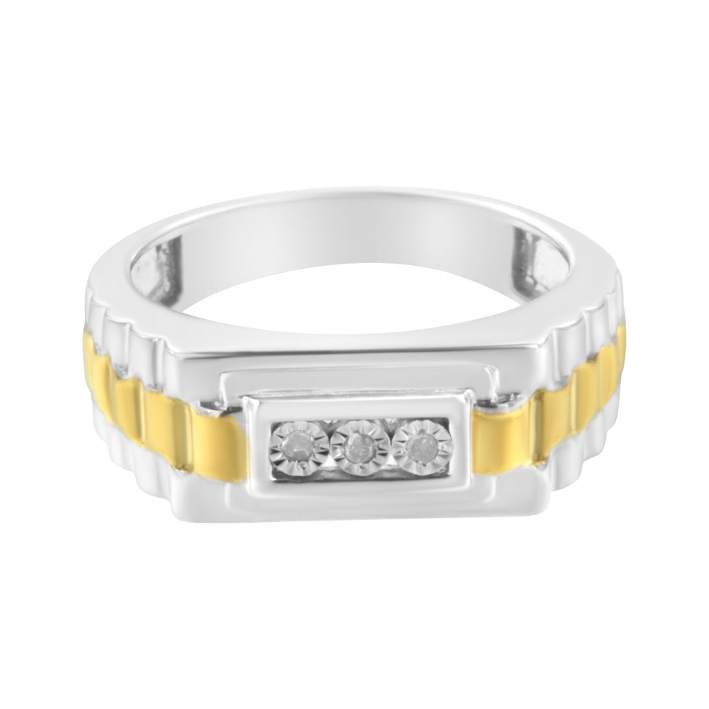 10K Yellow Gold Plated .925 Sterling Silver Diamond Accent Miracle-Set 3 Stone Ridged Band Gentlemen's Fashion Ring (I-J Color, I2-I3 Clarity) - Size 10