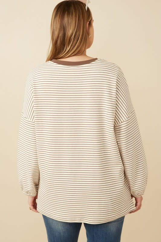 Curvy Soft Stripe Knit Contrast Long Sleeve - Taupe
