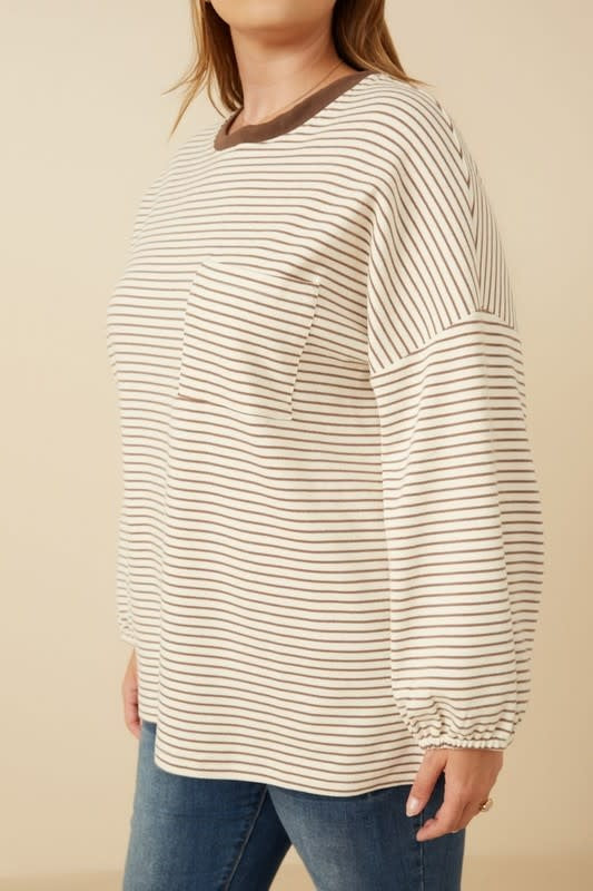 Curvy Soft Stripe Knit Contrast Long Sleeve - Taupe