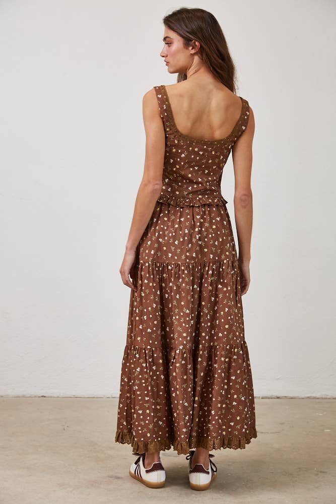 Floral Lace Trim Front Tie Top & Skirt Set