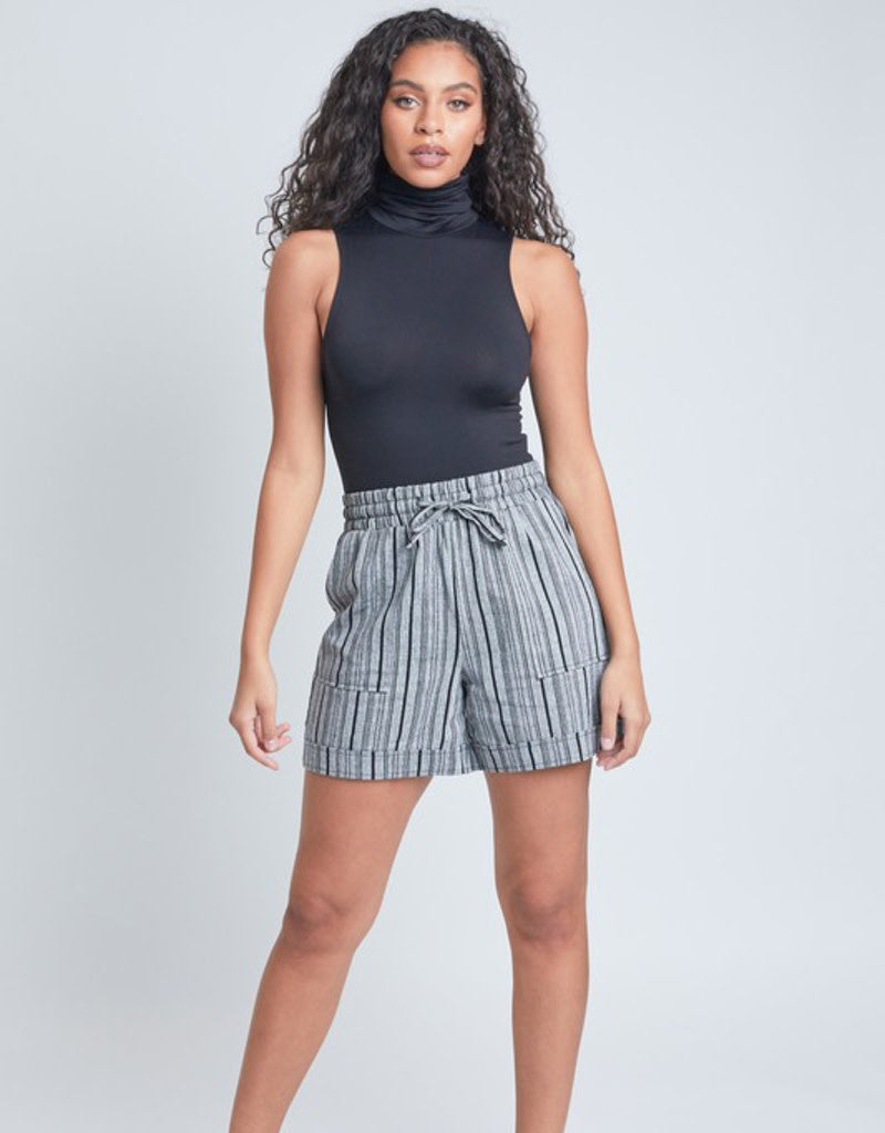 Drawstring Linen Short W/ Pocket - Black Stripe