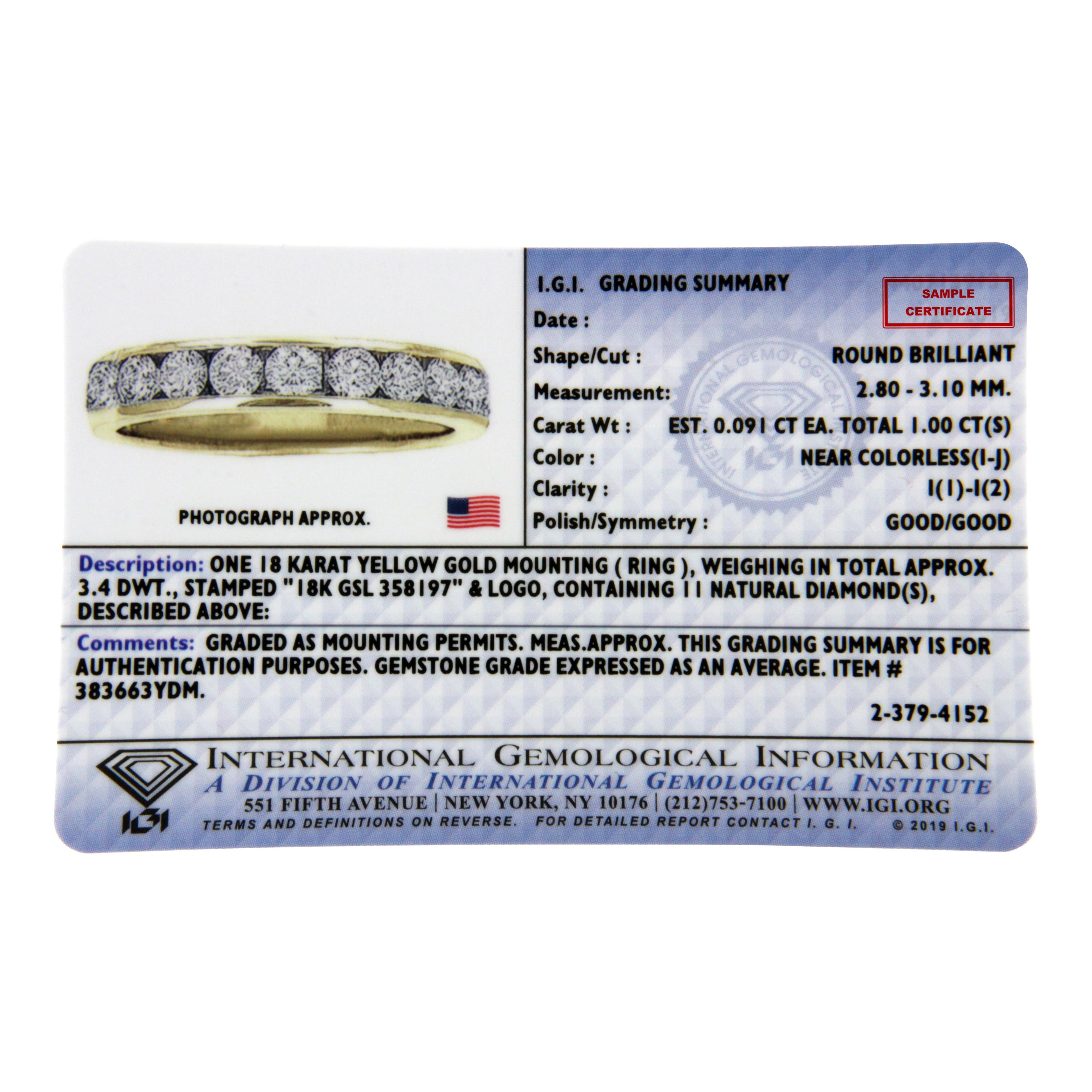 IGI Certified 18K Yellow Gold 1.0 Cttw Channel Set Round-Cut Diamond 11 Stone Anniversary/Wedding Band Ring (I-J Color, I1-I2 Clarity) - Size 9.5