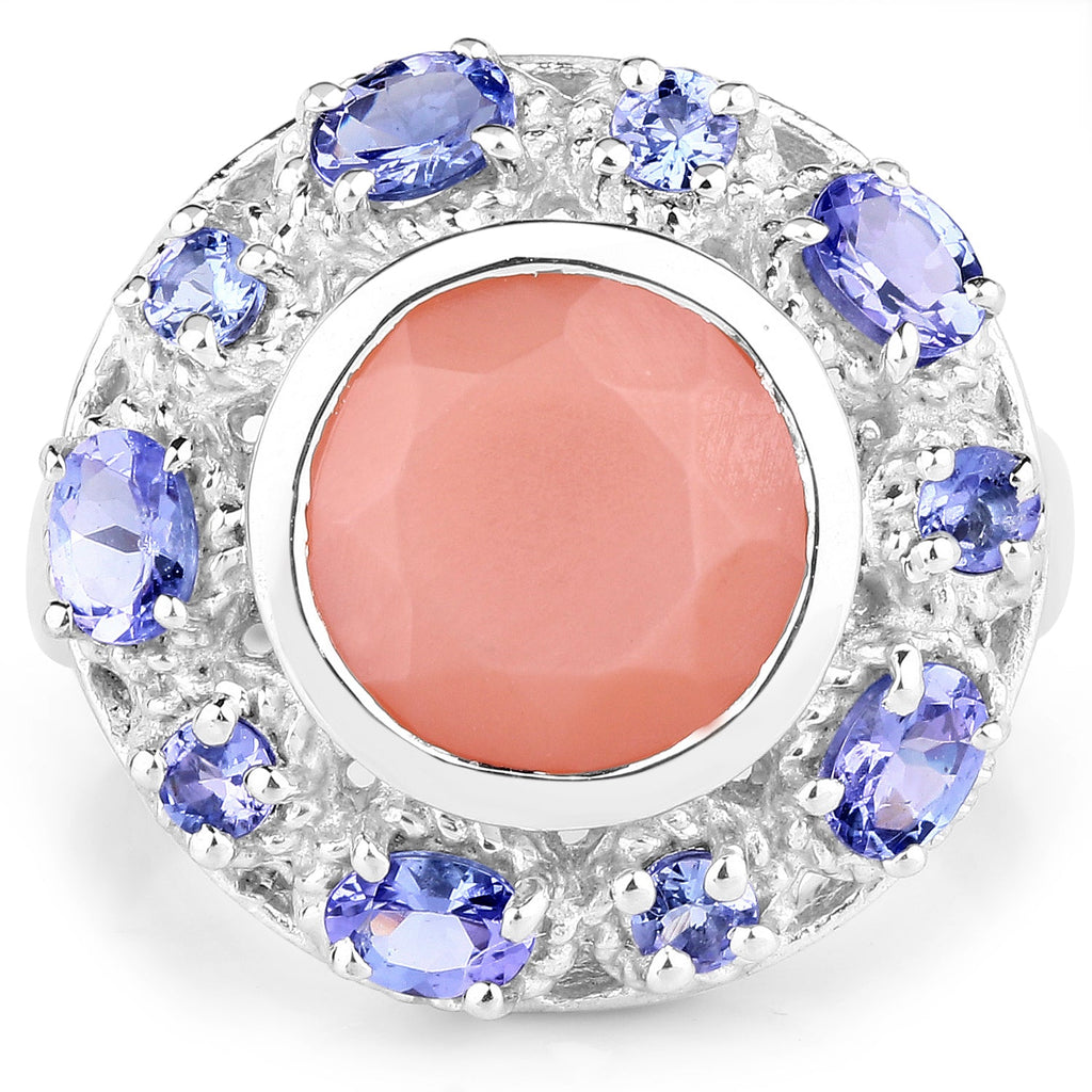 4.50 Carat Genuine Peach Moonstone and Tanzanite .925 Sterling Silver Ring