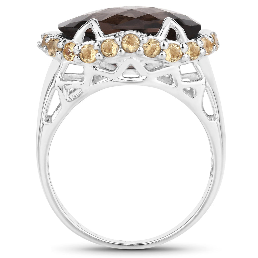 Two Tone Plated 9.58 Carat Genuine Smoky Quartz & Citrine .925 Sterling Silver Ring