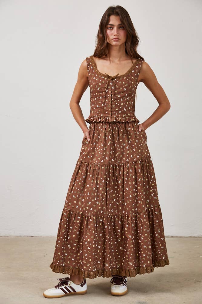 Floral Lace Trim Front Tie Top & Skirt Set