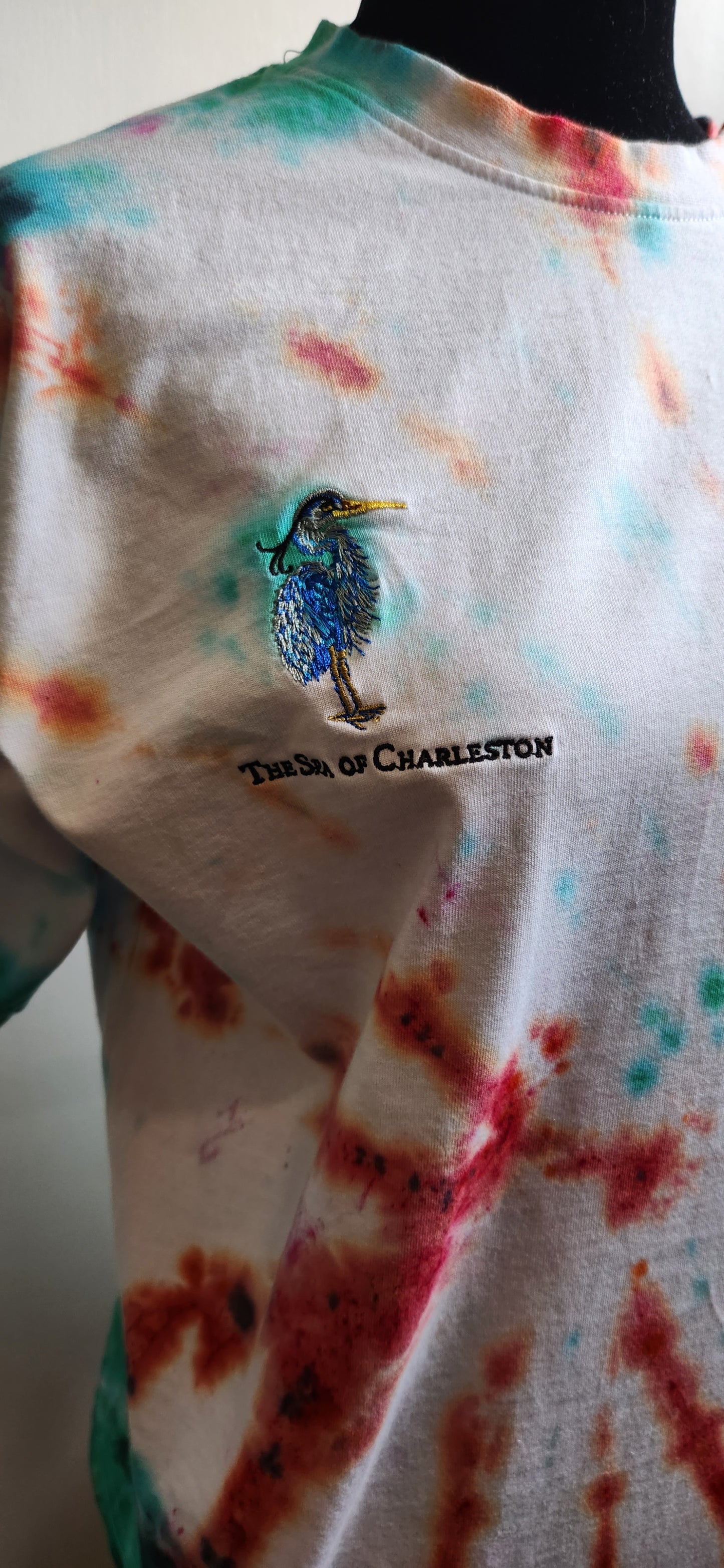 Tie Dye The Spa of Charleston Embroidered Blue Heron logo tee Unisex size Medium