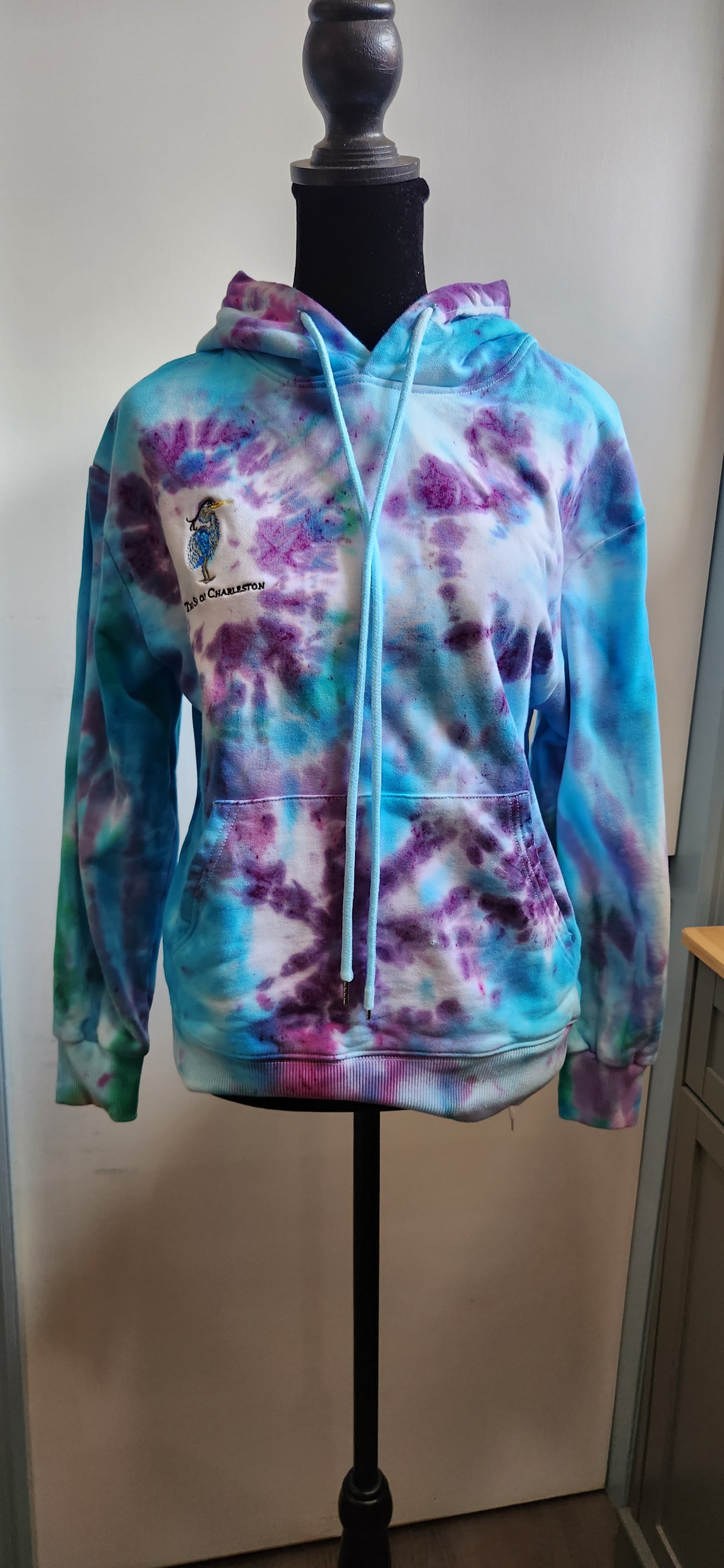 Tie Dye The Spa of Charleston Embroidered Blue Heron Logo Hoodie Women's Small