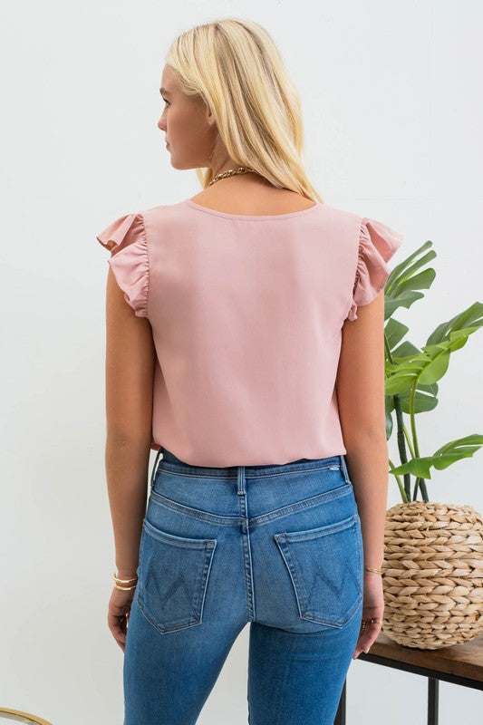 Split Neck Ruffle Sleeve Blouse - Blush