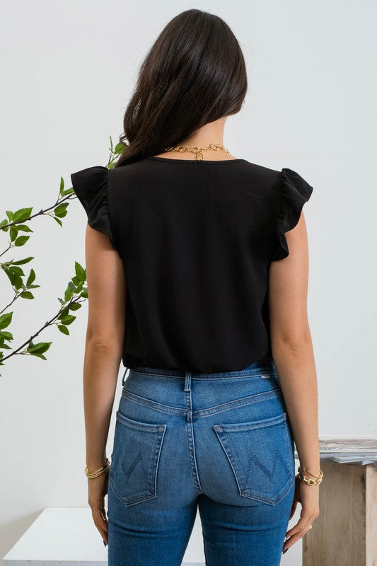 Split Neck Ruffle Sleeve Blouse - Black