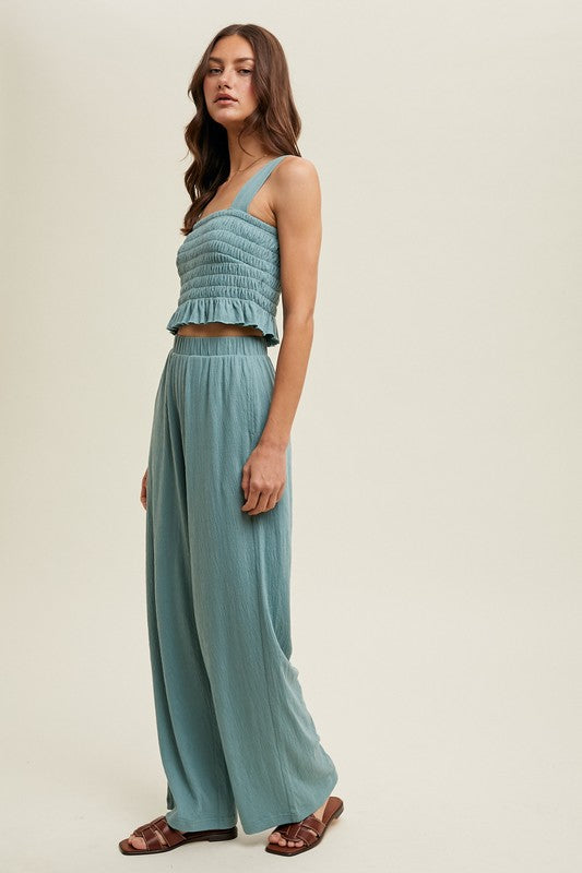 Crinkle Knit Top And Pants Set: D. Sage