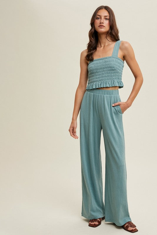 Crinkle Knit Top And Pants Set: D. Sage