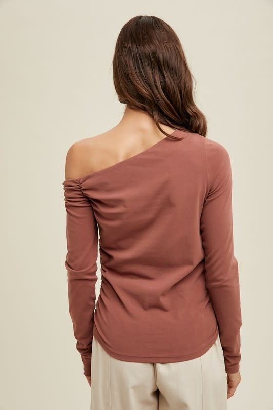 Asymmetrical Neck Ribbed Knit Top - Clay