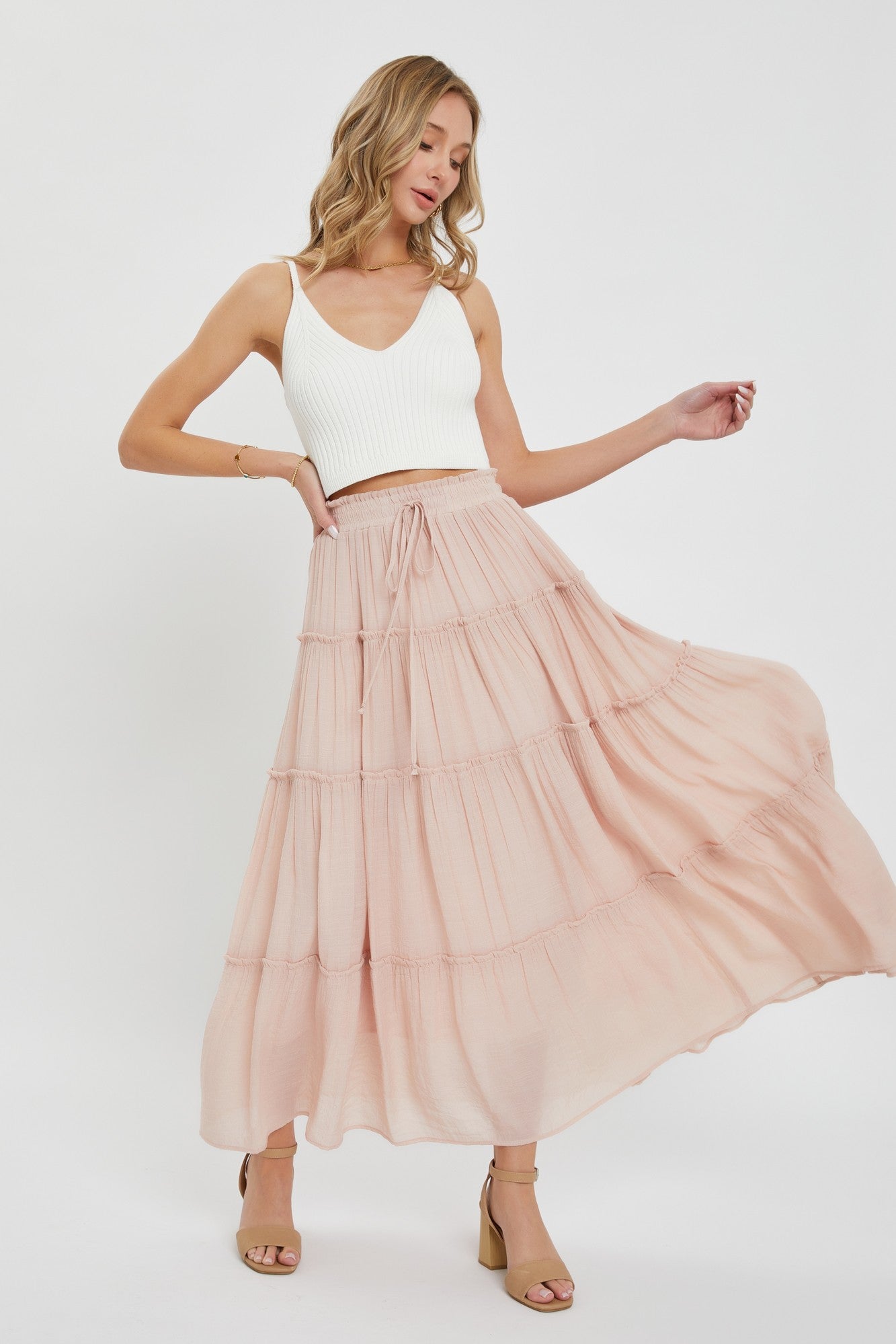 Casual Pull On Elastic Waist Tiered Maxi Skirt