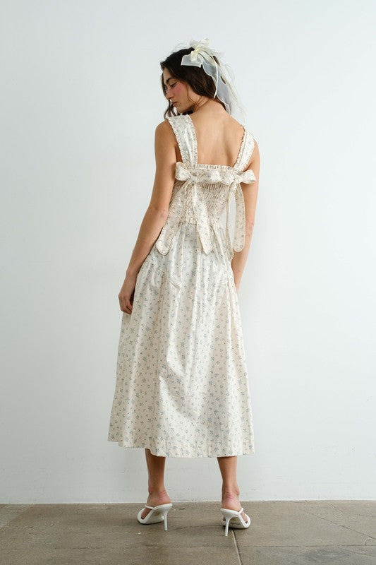 Margot Retro Bow Tie Back Smocked Midi Dress