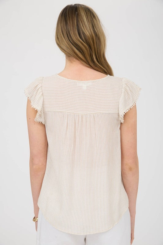 Stripe Lace Yoke Front Tie Short Sleeve Top