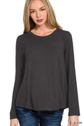 Flowy Round Hem Rayon Long Sleeve Top - Black