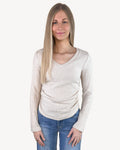 Ribbed V Neck Long Sleeve Top - Apricot