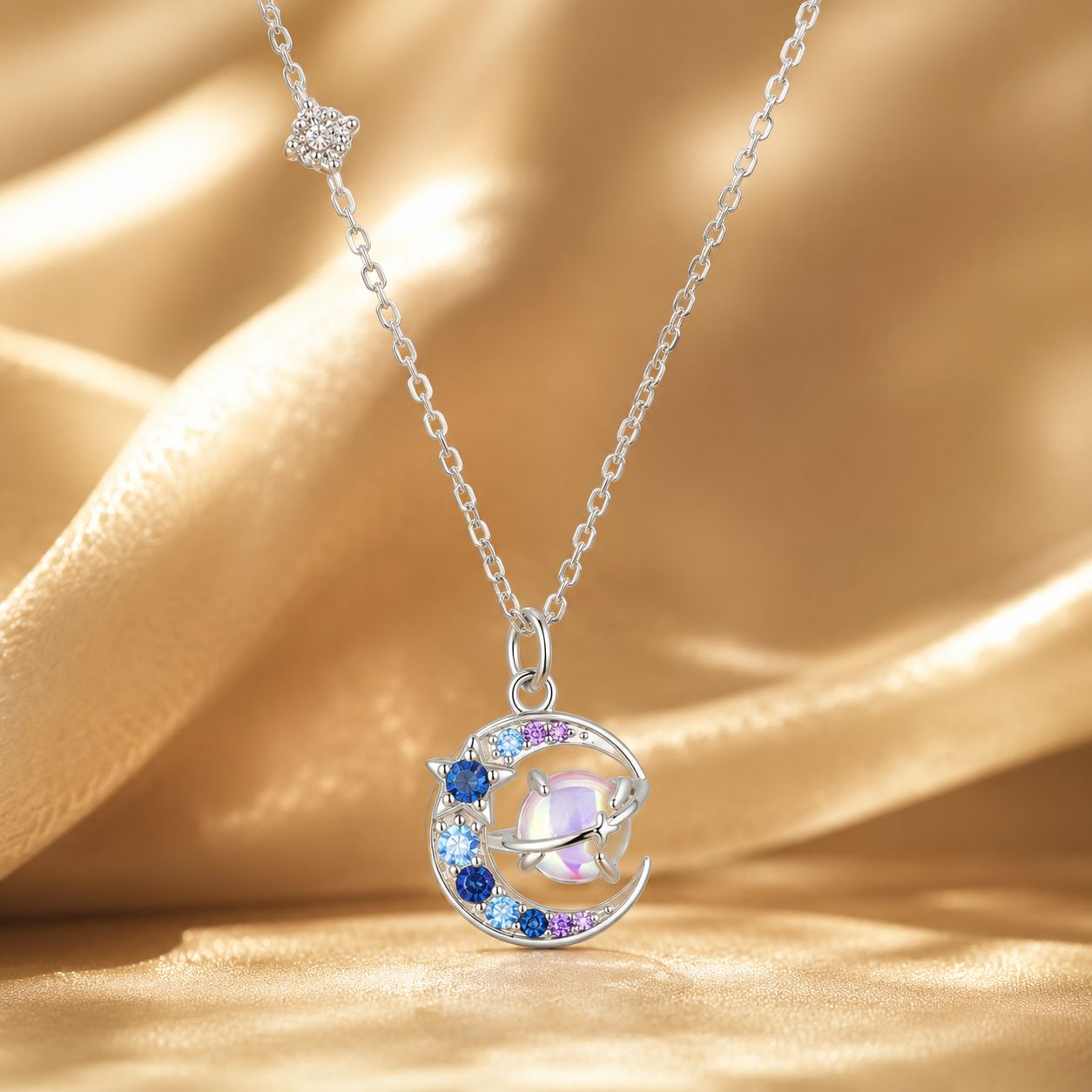 925 Sterling Silver Necklace with Pavé CZ & Transparent Glass Pendant for Women