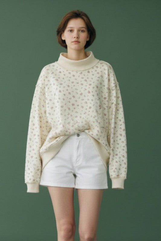 Floral Print Oversized Mock Neck Sweatshirt
