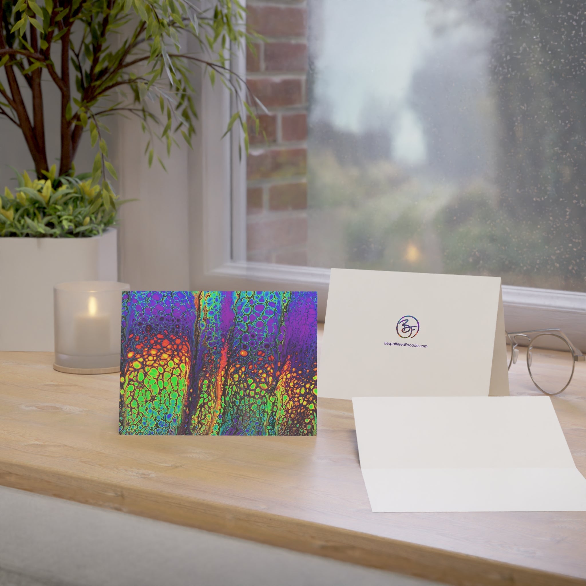 Bespattered Facade Neon Lava Greeting Cards | Sets of 1, 10, 30, or 50