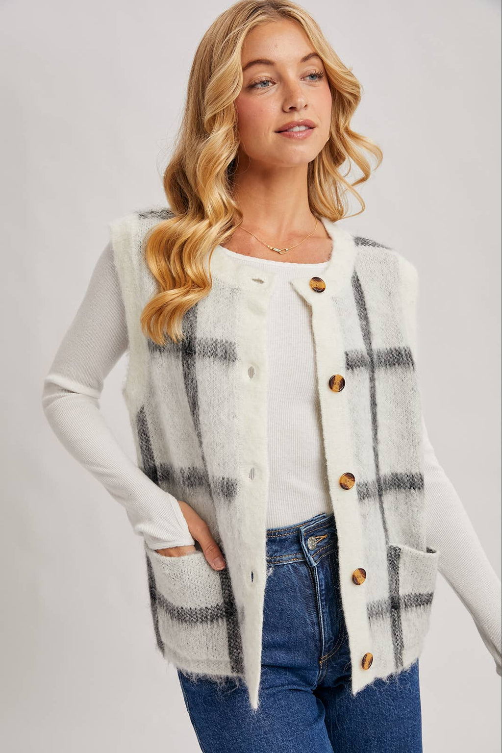 Button Down Plaid Knit Sweater Vest: Mocha