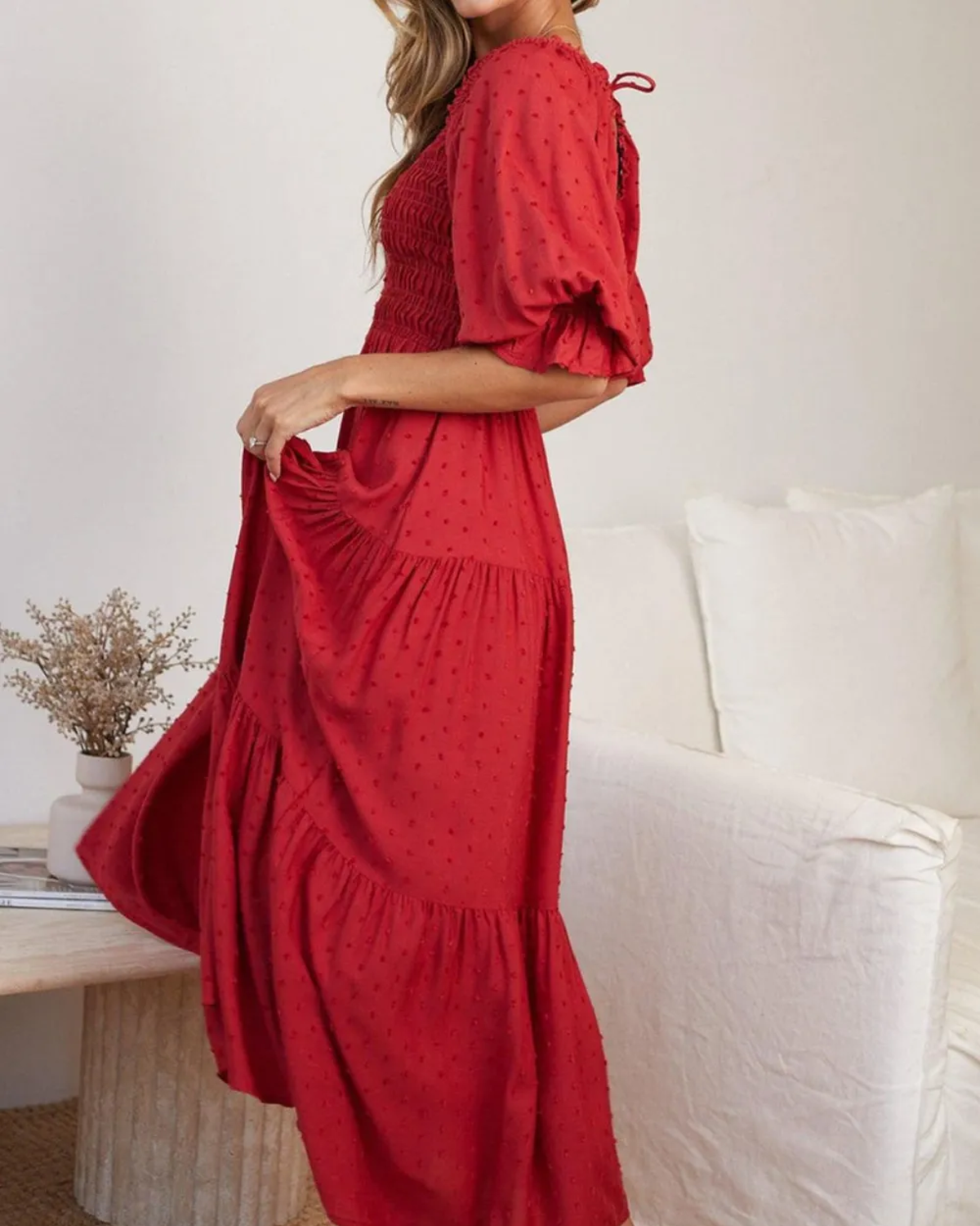 Smocked Swiss Dot Square Neck Dress