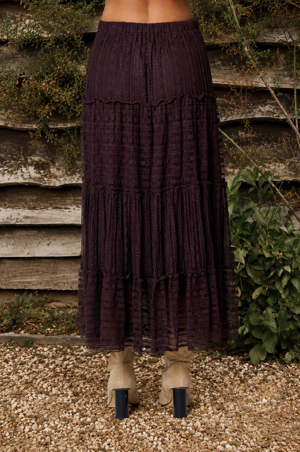 TEXTURED STRIPE RUFFLE TIERED MIDI SKIRT : CHOCOLATE BROWN