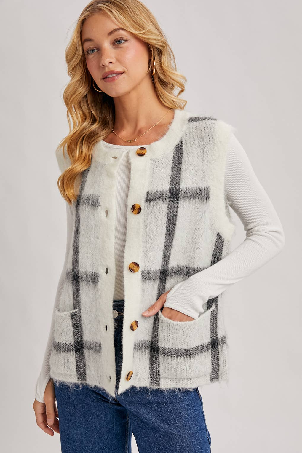 Button Down Plaid Knit Sweater Vest: Mocha