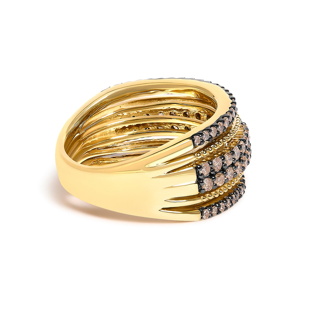 10K Yellow Gold Plated Sterling Silver 1.00 Cttw Champagne Diamond Multi Layer Band Ring
