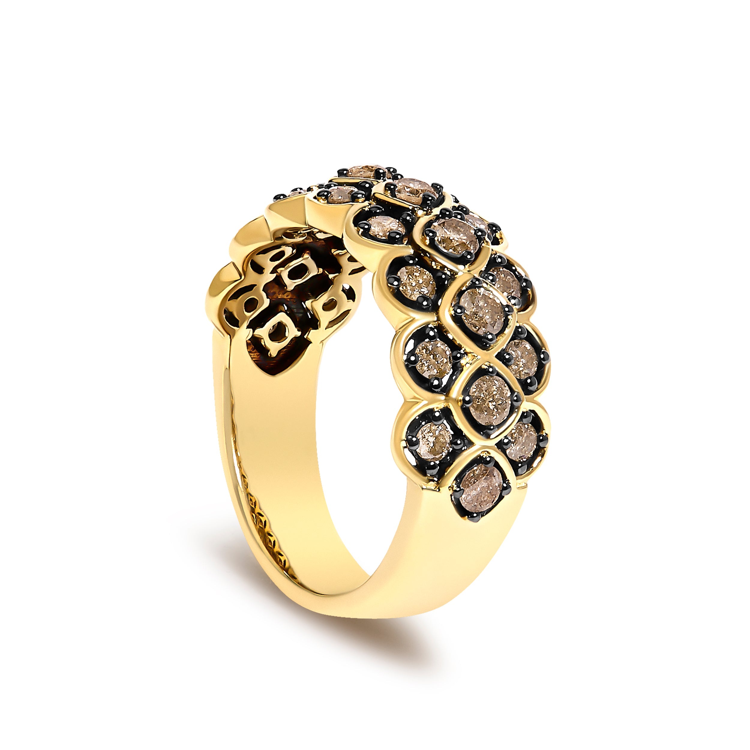 10K Yellow Gold Plated Sterling Silver 1.0 Cttw Brown Diamond Scalloped Motif Band Ring