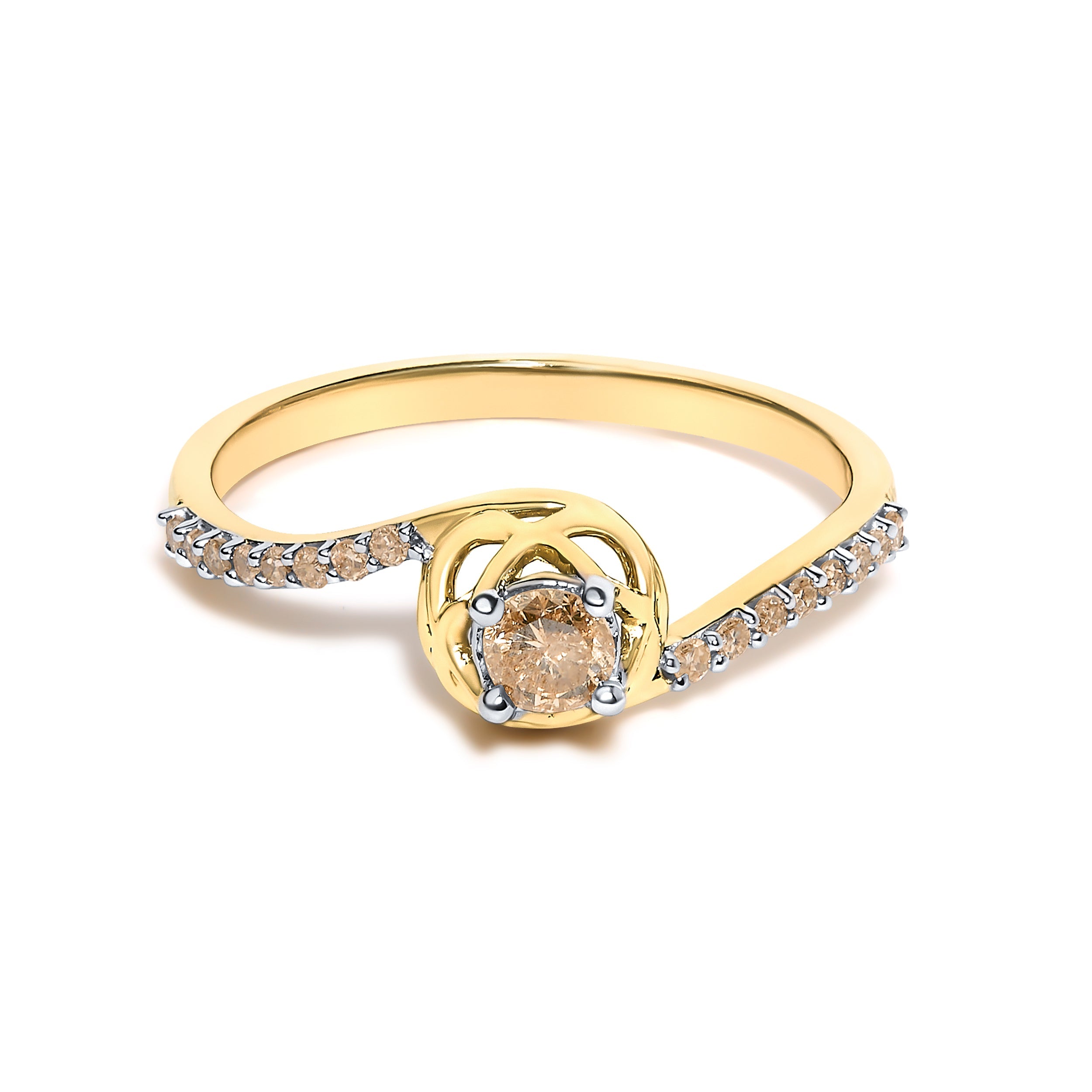 14K Yellow Gold Plated .925 Sterling Silver 1/3 Cttw Light Brown Diamond Bypass Ring