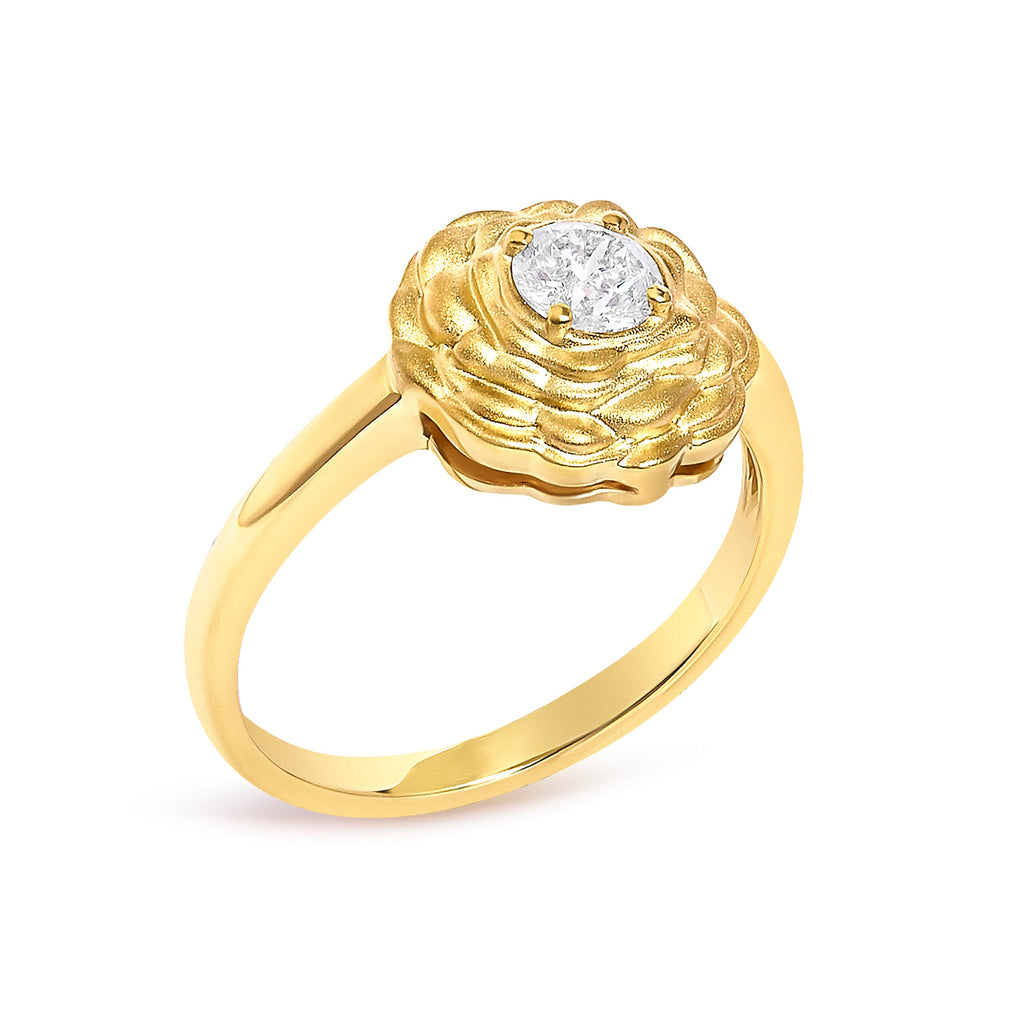 14K Yellow Gold Plated Sterling Silver 1/3 Cttw Lab Grown Diamond Floral Motif Solitaire Ring